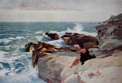 Kveld ved sjøen, ung mann med et stort skjell som sitter på kysten av Unknown artist