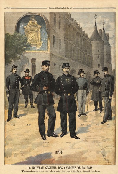Utvikling av uniformer til fredsbevarende (eller bysersjanter) fra 1860 til 1894, foran klokketårnet til Concierge, Paris. Gravering i “” Le petit journal”” 09/1894. Selvas samling. av Unknown artist