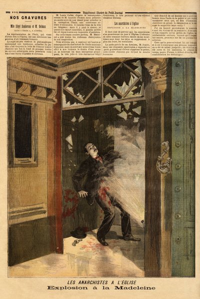Eksplosjon i kirken La Madeleine i Paris, den anarkistiske kriminelle, det eneste offeret, har effekten av sin egen bombe. Gravering i "" Le petit journal"" 26.03.1894. Selvas samling. av Unknown artist