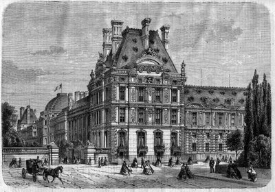 Utvendig utsikt over Pavillon de Flore, ved Palais des Tuileries, og Galerie du bord de l'eau i Paris - Gravering i "" Le Journal Illustrée"" av Unknown artist