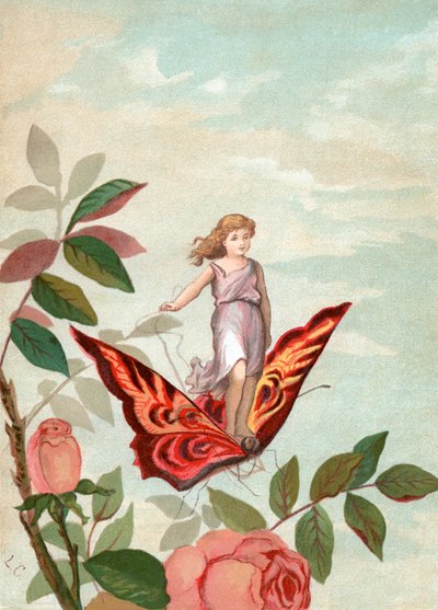 Fe som rir på en sommerfugl blant roser av Unknown artist