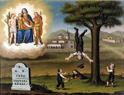 Fall av et tre. Øverst til venstre Madonnaen mellom San Sebastian og San Roch. Ex voto fra 1870. av Unknown artist
