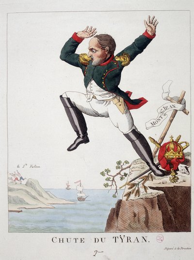 Tyrannens fall: Napoleon hopper fra Mount St John (Slaget ved Waterloo) til St. Helene Island - i "" Napoleon 1st, caricatures, dummy collection"", av Unknown artist