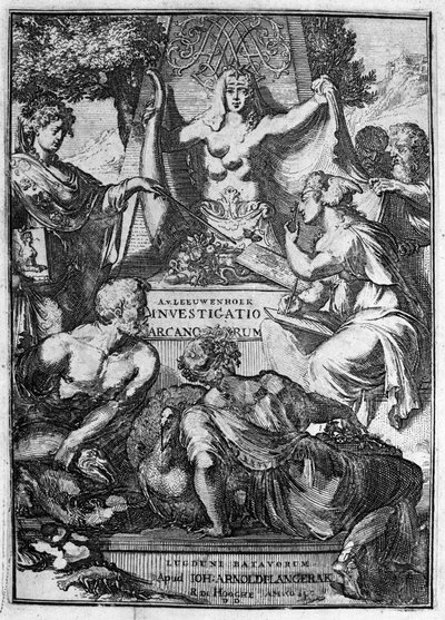 Falsk tittel på verket "Investigato Arcanorum" av den nederlandske handelsmannen og lærde Antoine van Leeuwenhoek (eller Leeuvenhoek Leeuwenhoeck) (eller Antoni eller Anthonie) (1632-1723) 1722. av Unknown artist