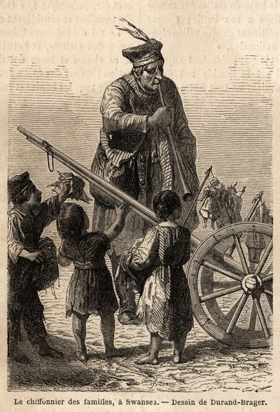 Familieklut i Swansea. Tegning av Durand Brager, for å illustrere et besøk til de store fabrikkene i Wales i 1862, av L.Simonin. Gravering i "" Le tour du monde"", redigert av Edouard Charton av Unknown artist
