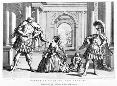 Farinelli (Carlo Broschi, dit; 1705 - 1782) med sopranen Cuzzoni og kastraten Francesco Bernardo Senesino (1680 - 1750) i operaen av George Frederick Handel (Georg Friedrich Handel av Unknown artist