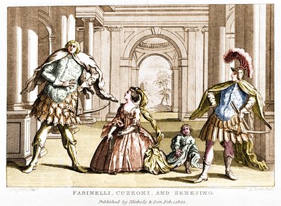 Farinelli (Carlo Broschi, dit; 1705 - 1782) med sopranen Cuzzoni og kastraten Francesco Bernardo Senesino (1680 - 1750) i operaen av George Frederick Handel (Georg Friedrich Handel av Unknown artist