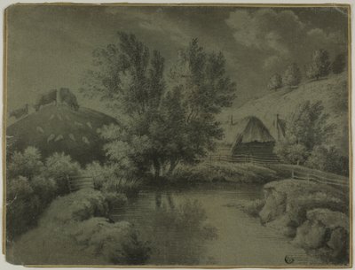 Gård med dam i forgrunnen, kyr beiter på bakken av Unknown artist