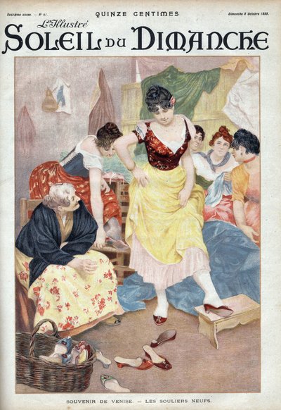 Mote sent på 1800-tallet: nye sko fra Venezia. Kvinner prøver sko fra den italienske byen. Gravering i “” Le sun-du-dimanche””, 8. oktober av Unknown artist