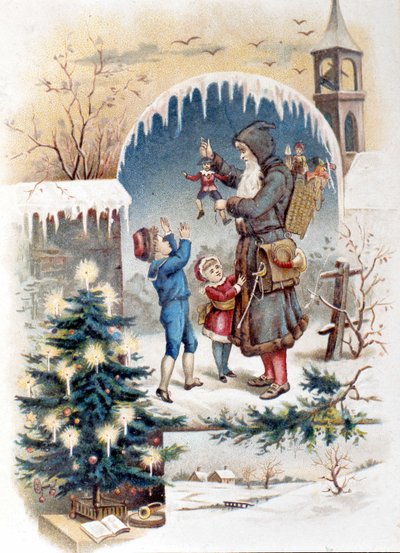 Julemann med barn. 1892 kromolitografi. av Unknown artist