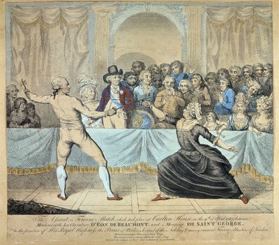 Fektekamp mellom ridderen av Eon de Beaumont og Monsieur de Saint George, 9. april 1787. Gravering av Unknown artist