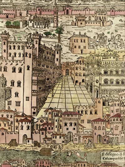 Ferrara: utsikt over byen, detalj av et anonymt tresnitt av Unknown artist