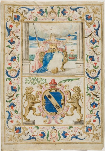 Figur av rettferdighet og skjold med løver som florerer av Unknown artist
