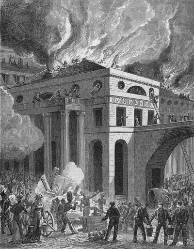 Brann i teateret til Odeon i Paris i 1820/ av Unknown artist