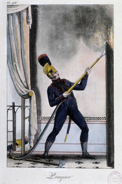 Brannmann med vannlanse, slukker brann - ca. 1830 av Unknown artist