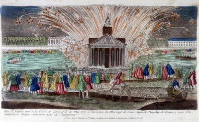 Fyrverkeri avfyrt ved Place de Louis XV 30. mai 1770, i anledning ekteskapet til Louis Auguste, Dauphin av Frankrike med erkehertuginne Marie Antoinette, søster til keiseren. Gravering sent på 1700-tallet. av Unknown artist