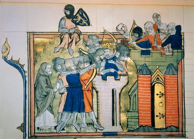 Første korstog: Godefroi (eller Godefroy) av Bouillon (1058-1100) i et rundt tårn angrep Jerusalem i 1099. Miniatyr fra "" Roman De Godefroy De Bouillon et de Saladin"" av Unknown artist
