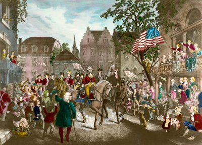 Første av den amerikanske uavhengighetskrigen: George Washington (1732-1799) triumferende inntog i New York etter det engelske nederlaget av Unknown artist