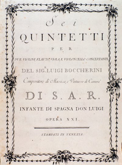 Første side med partitur av "" Seks kvintetter for to fioliner, bratsjfløyte og cello "" av Luigi Boccherini av Unknown artist