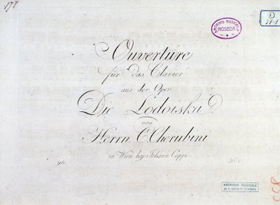 Første side med partitur av ouverture for pianoforte fra operaen "" Lodoiska"" av Luigi Cherubini av Unknown artist