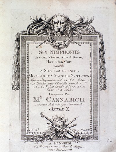 Første side med noter til symfonien n. 3 av Christian Cannabich av Unknown artist