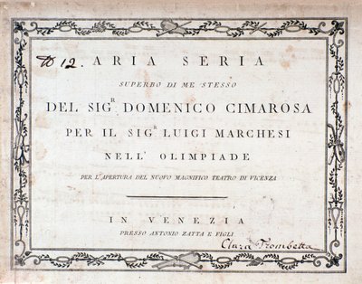 Første side av partituret til Aria Seria av Domenico Cimarosa av Unknown artist