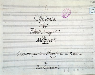 Første side av symfonipartituret redusert til to pianoer og åtte hender av Die Zauberflote, opera av Mozart, Lichtenthal-versjon (1800-tallet) av Unknown artist