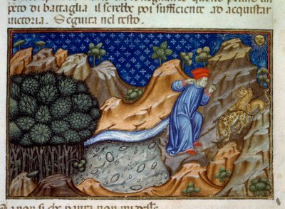 Første sang av helvete, en panter motsetter seg Dantes passasje. Illustrasjon av "" Divine Comedie"" (Divina Commedia) av Dante Alighieri (1265-1321). Miniatyr fra et manuskript fra 1400-tallet. Paris, B.N. av Unknown artist