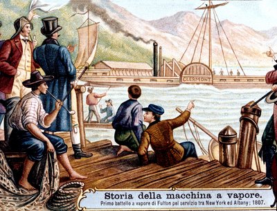 Første seilas av dampbåten "Clermont" av Robert Fulton (1765-1815), amerikansk ingeniør på Hudson River, USA av Unknown artist