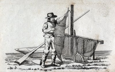 Fisker og fiskegarn. Fin gravering fra 1700-tallet. Privat samling. av Unknown artist