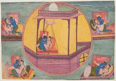 Fem stillinger av Krishna Making Love, fra en Bikaner Bhagavata Purana av Unknown artist