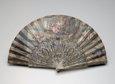 Sammenleggbar vifte med "Rinaldo og Armida," etter François Boucher, ca. 1734-50 (gouache & w/c på dobbel vellum og papirblad, perlemor, forgylling og lime edelstener) av Unknown artist