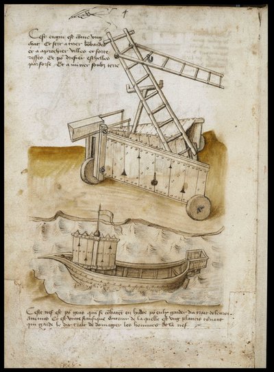 Fortress Approach and Ship - Manuskript: pergamentark av en ingeniørhåndbok for bygging av sivile, religiøse og militære bygninger, anonym, sent på 1400-tallet (figur med kinesisk blekk) av Unknown artist