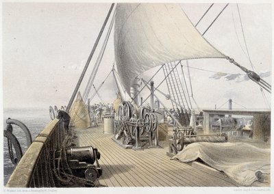 Forover dekk klarert for siste attemet ved grappling, 11. august 1858 - i "The Atlantic telegraph" av W. H. Russel, ca. 1860 av Unknown artist