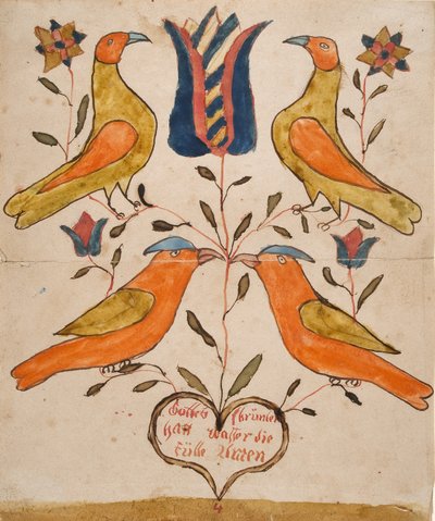 Fire fugler, tulipan og hjerte av Unknown artist