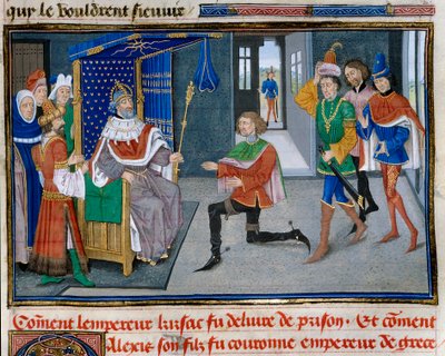 Fjerde korstog: representasjon av Alexis IV Angel (1182-1204) er keiserkrone ved siden av sin far Isaac II etter å ha klart å få ham ut av fengselet i 1203. Miniatyr fra "" Chronicle abregee"" av David Aubert av Unknown artist