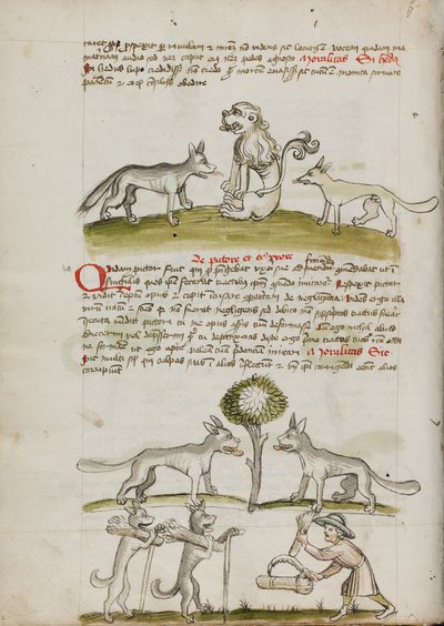 Rev og ulv foran en løve; To ulver under et tre som drar hveteballer; En bonde som bunter hvetekorn av Unknown artist
