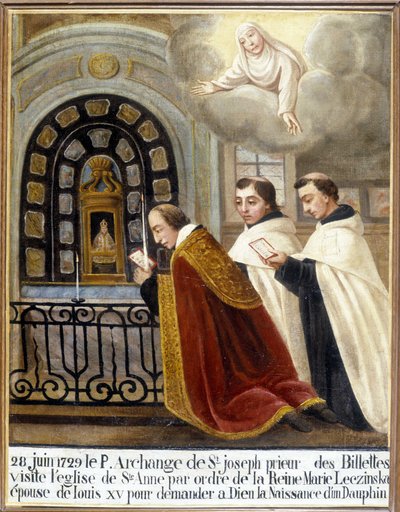 Fr erkeengelen av St. Joseph, Prior of the Billettes, besøker kirken Saint Anne etter ordre fra dronning Mary Leszczynska, kone til Louis XV, for å be Gud om fødselen til en delfin, 28. juni 1729 - Ex-Voto Sainte Anne d'Auray av Unknown artist
