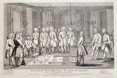 Freemaking: "Assembly of Francs Macons for opptak av lærlinger" Seremoni for mottakerens inntreden i logen. Han beveger seg fremover, med stripete øyne, guidet av den andre veilederen, mot Stormesteren (sitter til venstre). På th av Unknown artist