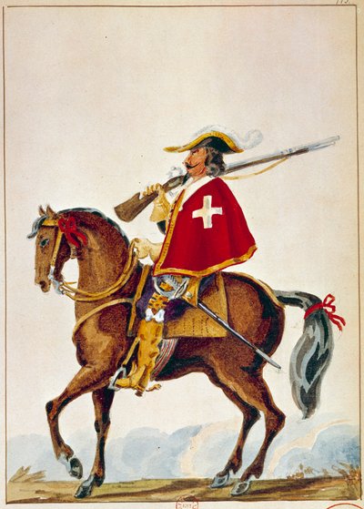 Fransk Armee: De Valmont, musketer for garde av kardinal Richelieu. Gravering fra 1600-tallet. Paris, B N av Unknown artist