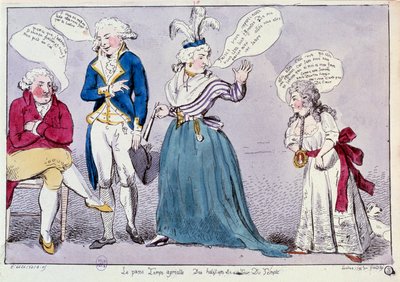 Den franske revolusjonen: Tegneserie mot familien til dronning Marie Antoinette (1755-1793) og Louis XVI innelåst i tempelfengselet. Dronningen og kongens søster Madame Elisabeth krangler under øynene restene av kongen. Ordene deres er skrevet i bobler av Unknown artist