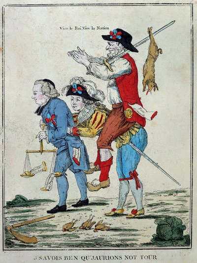 Fransk revolusjon: "Jeg visste at jeg ville ha vår tur"". Tegneserie som viser den tredje staten (tredje staten) på baksiden av de to ordenene (geistlige og adel). Gravering fra 1700-tallet. Paris, Musee Carnavalet av Unknown artist