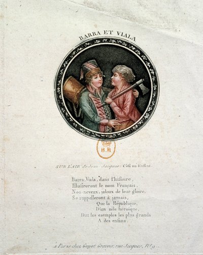 Fransk revolusjon: representasjon av Barra og Viala. Joseph Agricol Viala (1780-1793) og Joseph Bara (1780-1793), heltebarn fra den franske revolusjonen som kjempet henholdsvis i Marseille og i Vendee for Republique. Gravering fra 1700-tallet av Unknown artist
