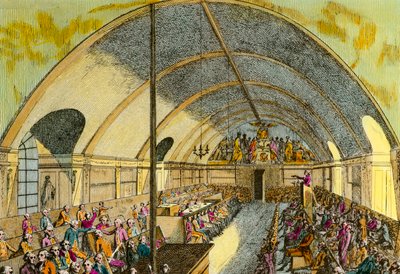 Fransk revolusjon: representasjon av en sesjon i det politiske samfunnet "Societe des amis de la Constitution" eller Club des Jacobins grunnlagt i Versailles i 1789 og i Paris i oktober 1789 ved Jacobin-klosteret representert her. Gravering av den 18 av Unknown artist