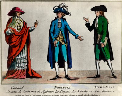 Fransk revolusjon: representasjon av deputatene til de tre ordenene i Generalstatene i seremoniell drakt: presteskapet, adelen og den tredje staten (tredje stater). Trykk fra slutten av 1700-tallets privatsamling av Unknown artist
