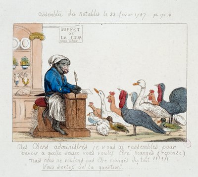 Fransk revolusjon: "" the Assembllee des notables du 22. februar 1787"" Karikatur som representerer kong Louis XVI i apekokk som leder en forsamling bestående av kalkuner, høner, gjess og kalkuner. Tegning fra 1700-tallet. Paris Musée Carnavalet av Unknown artist