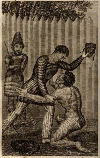 Fredag blir kastet i armene til Robinson Crusoe, gravering satt inn i "Les aventures de Robinson Crusoe" av Daniel Defoe av Unknown artist