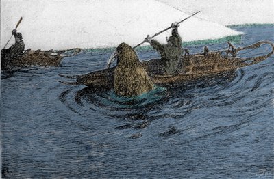 Fridtjof Nansen (1861-1930), norsk oppdagelsesreisende, angrepet av en hvalross under ekspedisjonen på Nordpolen i 1896. Han bærer Schlitte på kajakken. Gravering av 1800-tallet. av Unknown artist