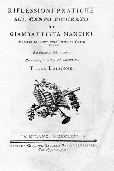 Frontispice de "" Tanker og praktiske refleksjoner om figurativ sang "" "av den italienske sangteoretikeren og kastraten Giovanni Battista Mancini (1716 - 1800). 1777. av Unknown artist