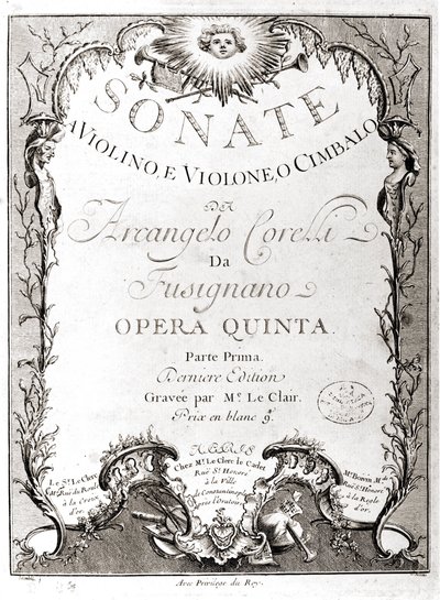 Frontispice av 12 sonater for fiolin, bass og cembalo av Arcangelo Corelli (1653 - 1713). fransk versjon. av Unknown artist